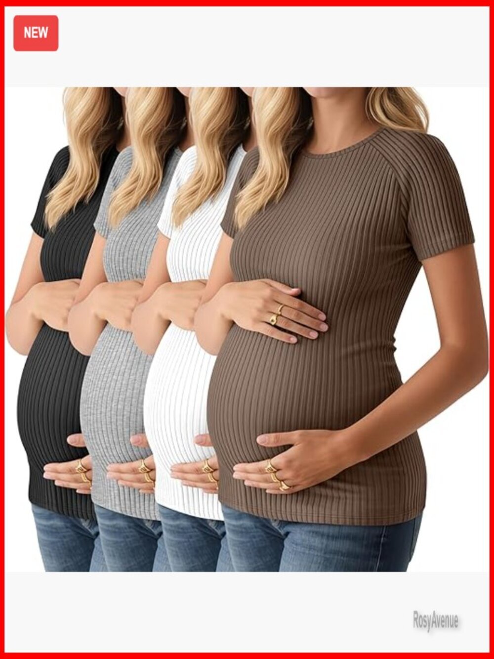 4 Pack Maternity T-Shirts Short Sleeve Ribbed Pregnancy Tops Crew Neck